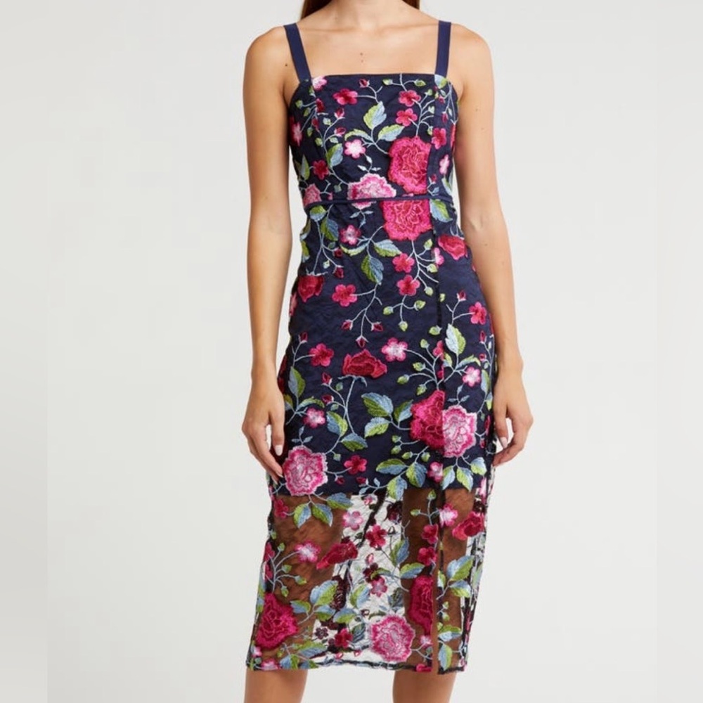 🆕✨Sam Edelman Peony Embroidered Navy Midi Dress Sheer Floral Overlay&Slit Size 4